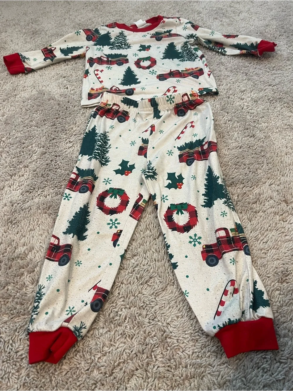 Kids Holiday Pajama Set with Red Truck Print - Red & Green